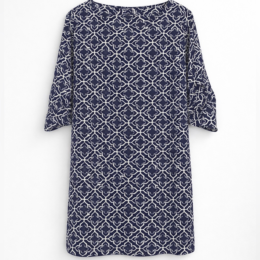 ✨ Escapada Blue & White Geometric Print Shift Dress | 3/4 Sleeve | Size M